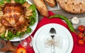 Homemade roasted whole turkey on wooden table for Thanksgiving. Royalty Free Stock Photo