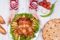 Homemade roasted whole turkey on wooden table for Thanksgiving. Royalty Free Stock Photo