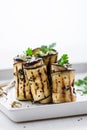 Homemade rolled eggplant (aubergine) grilled appetizers with cottage cheese, nuts, black sesam and parsley Royalty Free Stock Photo