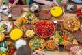 Homemade Romanian Food with grilled meat, polenta and vegetables Platter on camping.