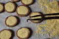 Homemade, round butter cookies with chocolate rant Royalty Free Stock Photo