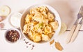 Homemade russian pelmeni meat dumplings italian ravioli in the white bowl Royalty Free Stock Photo