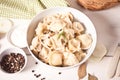 Homemade russian pelmeni meat dumplings italian ravioli in the white bowl Royalty Free Stock Photo