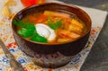 Borscht home Russian, Ukrainian and Polish national soup - red beetroot, vegetables and meat with sour cream on a gray Royalty Free Stock Photo