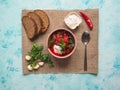 Homemade Russian, Ukrainian and Polish national soup - red borscht made of beetrot, vegetables and meat with sour cream. Royalty Free Stock Photo