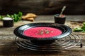 Homemade Russian, Ukrainian and Polish national soup - red borscht made of beetrot, vegetables with sour cream. Restaurant menu, Royalty Free Stock Photo