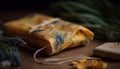 Homemade rustic bread wrapped in organic leaf, a gourmet snack