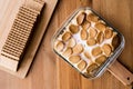 Homemade S`mores Dip / Baked Marshmallow with biscuits or crackers. Royalty Free Stock Photo