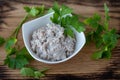 Homemade salad with boiled beef meat and sour cream with walnut and garlic. Traditional Georgian national food