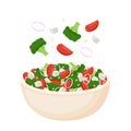 Homemade salad from fresh vegetables, salad cheese and pine nuts. Healthy food. Vegetarian meal. Vector illustration