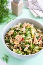 Homemade salad with red fish and eggs and green vegetables Royalty Free Stock Photo