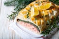 Homemade Salmon Wellington. It is made from Salmon Fish, spinach, mushrooms, spices, herbs and puff pastry. Copy space Royalty Free Stock Photo