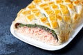 Homemade Salmon Wellington. It is made from Salmon Fish, spinach, mushrooms, spices, herbs and puff pastry. Copy space Royalty Free Stock Photo