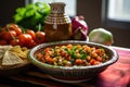 homemade salsa in a bowl next to nacho platter