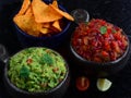 Homemade salsa and guacamole with corn chips Royalty Free Stock Photo