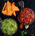 Homemade salsa and guacamole with corn chips