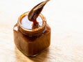 Homemade salted caramel dessert in glass jar Royalty Free Stock Photo
