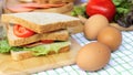 Homemade sandwich breakfast preparing. Close up whole wheat sandwich bread with slice tomatoes and lettuce stacked on wooden cutti Royalty Free Stock Photo