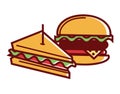 Homemade sandwich and hamburger from fastfood isolated illustration