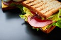 Homemade sandwich with lettuce and ham on a black background, close up Royalty Free Stock Photo