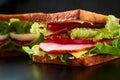 Homemade sandwich with lettuce and ham on a black background, close up Royalty Free Stock Photo