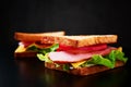 Homemade sandwich with lettuce and ham on a black background, close up Royalty Free Stock Photo