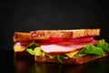 Homemade sandwich with lettuce and ham on a black background, close up Royalty Free Stock Photo