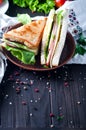 Homemade sandwich with salad and juice as a healthy breakfast Royalty Free Stock Photo