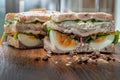 Homemade sandwich stuffed with chicken breast, cheese, boiled eggs and fresh vegetables Royalty Free Stock Photo