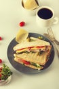 Homemade sandwich. Toasted double panini with ham, cheese fresh vegetables. Snack at work or lunch. Light background Royalty Free Stock Photo