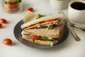 Homemade sandwich. Toasted double panini with ham, cheese fresh vegetables. Snack at work or lunch. Light background Royalty Free Stock Photo