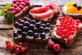 Homemade sandwiches with wild berries and fruit closeup