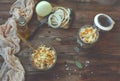 Homemade sauerkraut in glass bowl on a wooden table, top view Royalty Free Stock Photo