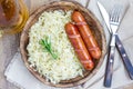 Homemade sauerkraut with sausages and beer, top view