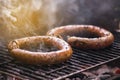 Homemade Sausage Barbecue Cooking And Smoking Closeup Charcoal F