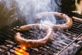 Homemade Sausage Barbecue Cooking And Smoking Closeup Charcoal F