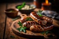 homemade sausage grilled with herbs on rustic wooden table. AI generated