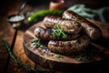 homemade sausage grilled with herbs on rustic wooden table. AI generated