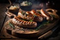 homemade sausage grilled with herbs on rustic wooden table. AI generated