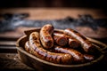 homemade sausage grilled with herbs on rustic wooden table. AI generated