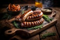 homemade sausage grilled with herbs on rustic wooden table. AI generated