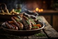 homemade sausage grilled with herbs on rustic wooden table. AI generated