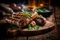 homemade sausage grilled with herbs on rustic wooden table. AI generated