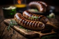 homemade sausage grilled with herbs on rustic wooden table. AI generated