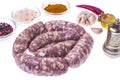 Homemade sausages in a natural shell with spices. Royalty Free Stock Photo