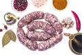 Homemade sausages in a natural shell with spices. Royalty Free Stock Photo