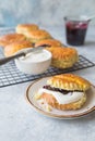 Homemade scones serve with homemade currant jam,clotted cream . Scones is English pastry for afternoon Royalty Free Stock Photo