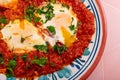 Homemade shakshuka breakfast topped with fresh herb leaves and garnished with flatbread