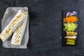 Homemade shawarma, burrito, chicken roll with vegetables and sauce. Top view shawarma and ingredients with clear space