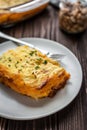 Shepherd`s pie on a wooden background Royalty Free Stock Photo